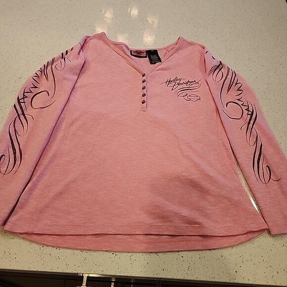 Harley Davidson Pink Label Crystal Button Long Sleeve Henley Women’s Size 2XL - Picture 1 of 8